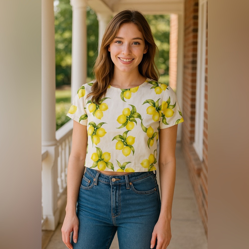 Katie Kime Lemon Print Crop Top Size Medium Made in USA Preppy Summer - Picture 10 of 10